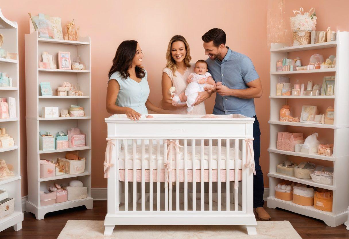 A joyful family exploring a beautifully decorated nursery filled with baby items, highlighted with tags showcasing discounts and deals. Include a baby registry checklist in their hands, radiant smiles, and pastel colors that evoke warmth and excitement. The background should feature shelves stocked with various baby products and a cozy atmosphere. super-realistic. vibrant colors. soft lighting.