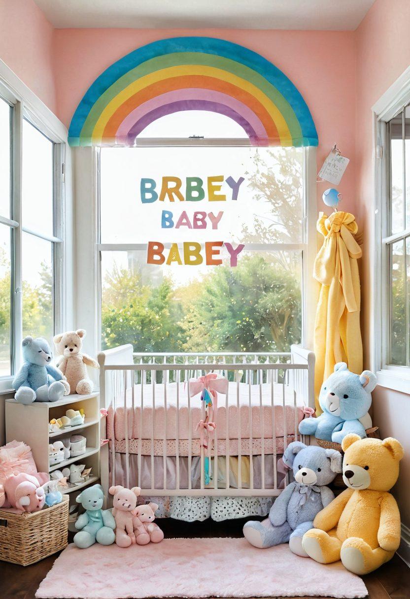 A cozy nursery scene filled with adorable baby items like plush toys, bottles, and diapers, surrounded by a rainbow of gift boxes and a big sign saying 'Free Baby Essentials'. Soft pastel colors enhance the warmth and inviting atmosphere. Include a gentle sunlight filtering through a window to add a touch of brightness. whimsical art, pastel colors, super-realistic.